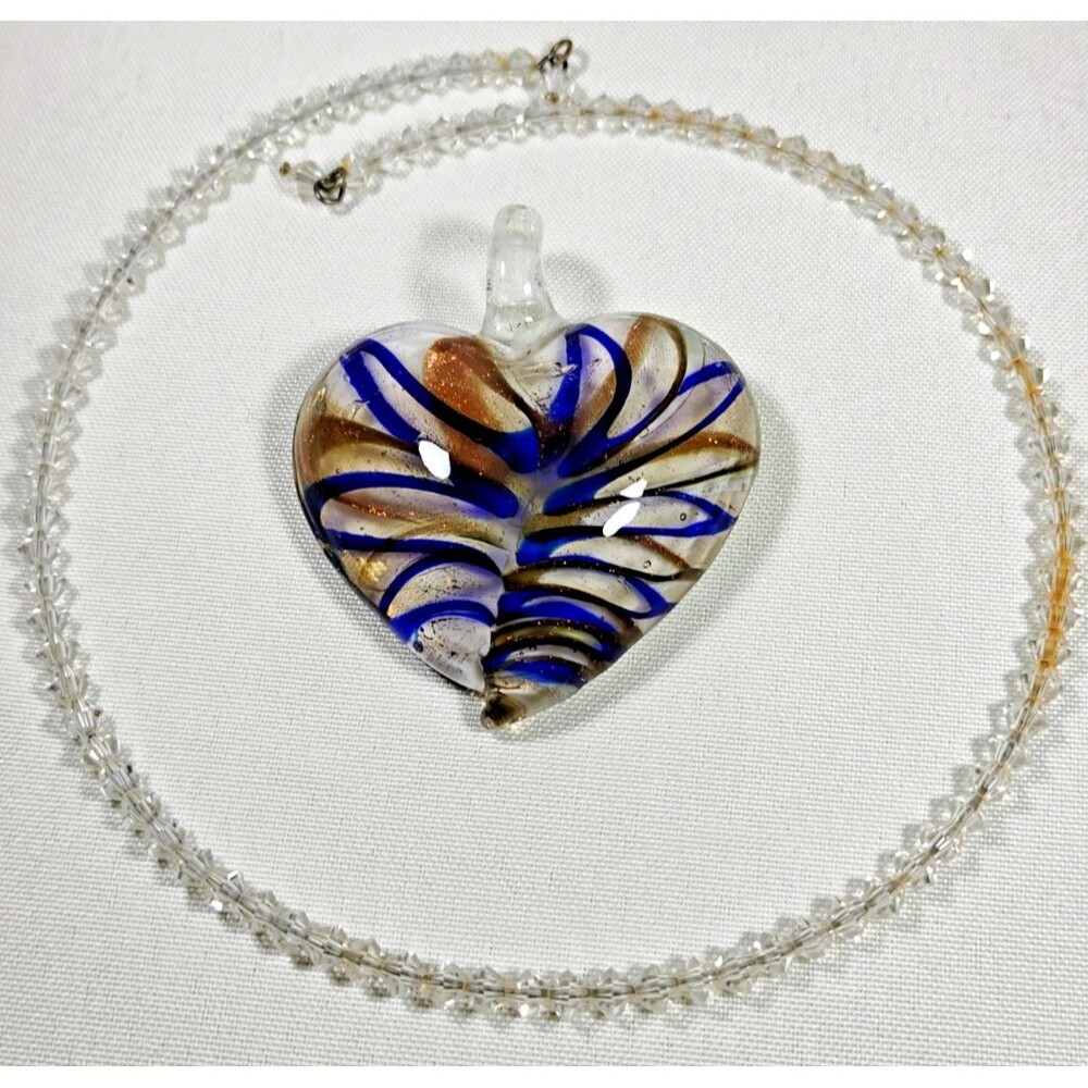 Art Glass Heart Pendant Blue Multicolor Artesian Made Hand Blown Fused Glass EUC